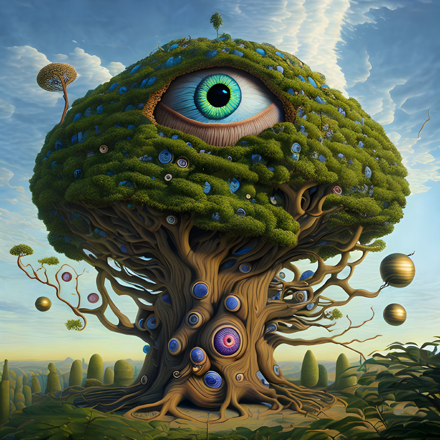 Surreal tree with eye, mossy canopy, spheres, dandelions, and hills