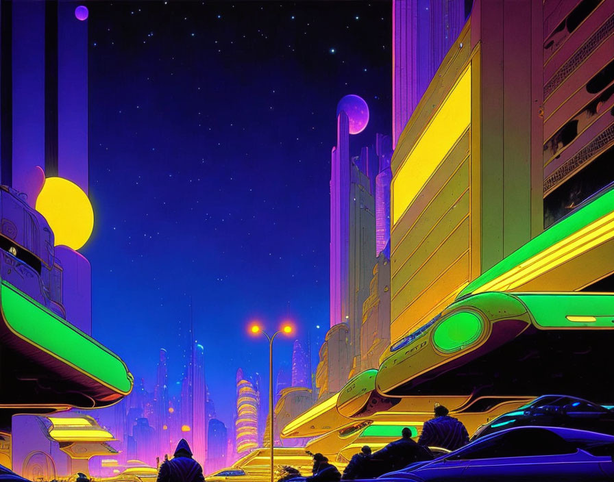 Futuristic cityscape at night with skyscrapers, neon lights, and flying cars