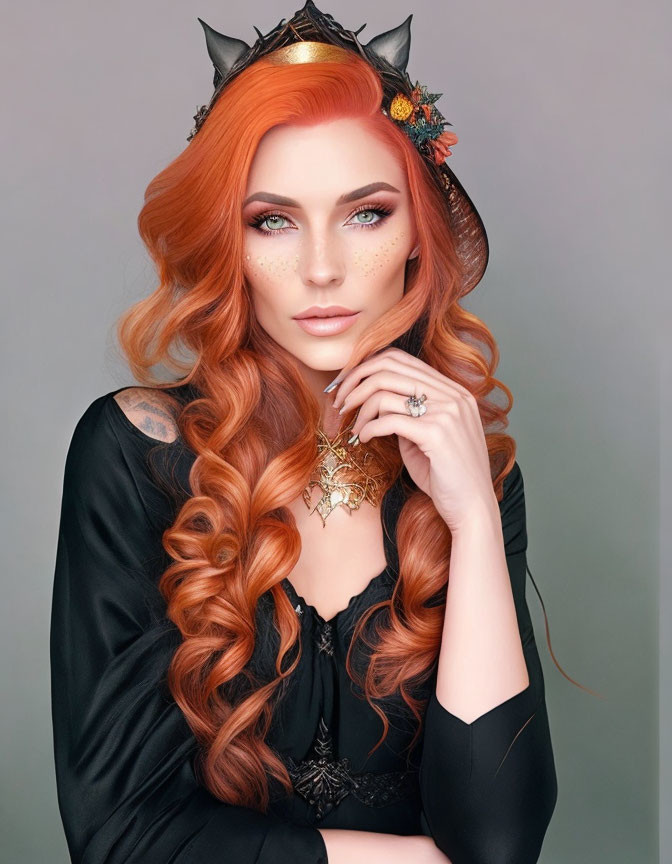 Vibrant red-haired woman in black outfit with cat ears headband and sun pendant