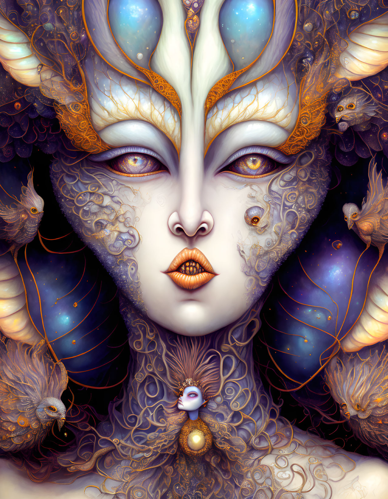 Surreal portrait of female entity with multiple eyes and cosmic elements