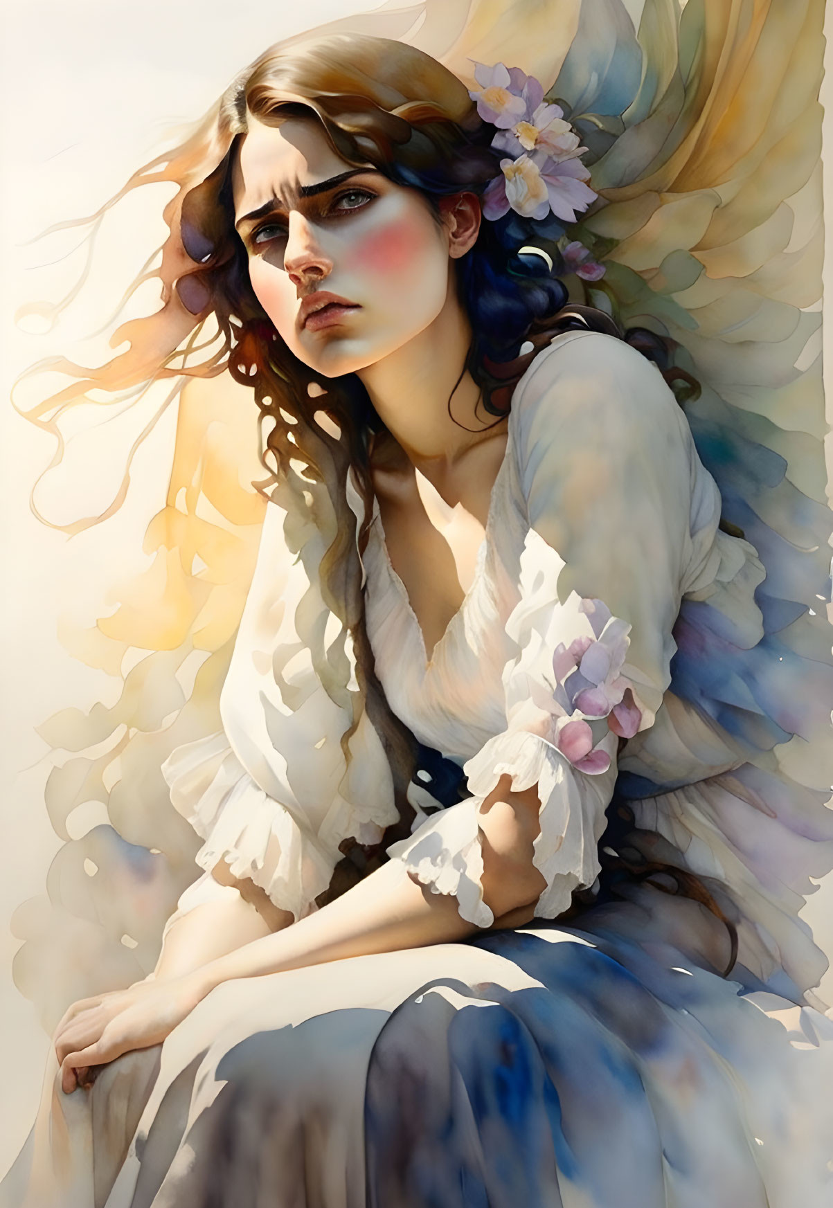 Illustrated female figure with angel wings and flowers in hair under warm light