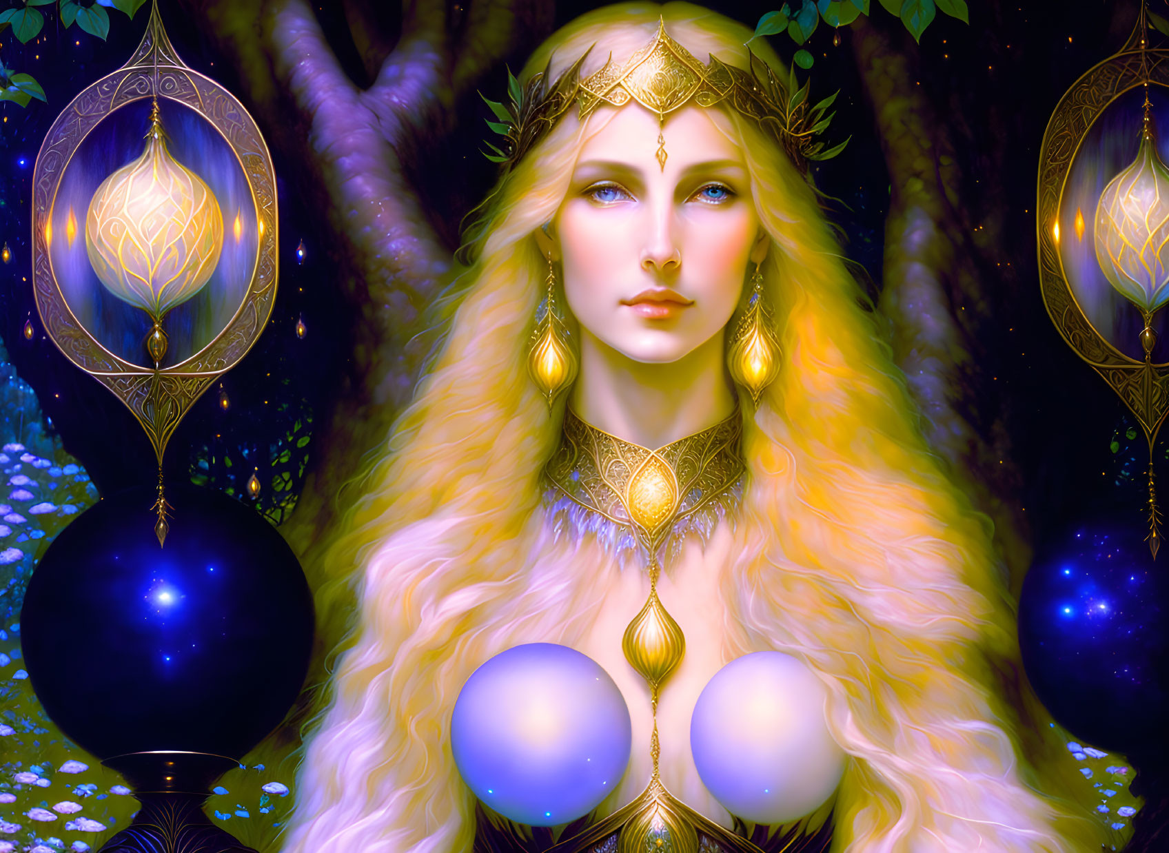 Fantasy illustration: Woman with blonde hair and mystical glow in enchanted forest