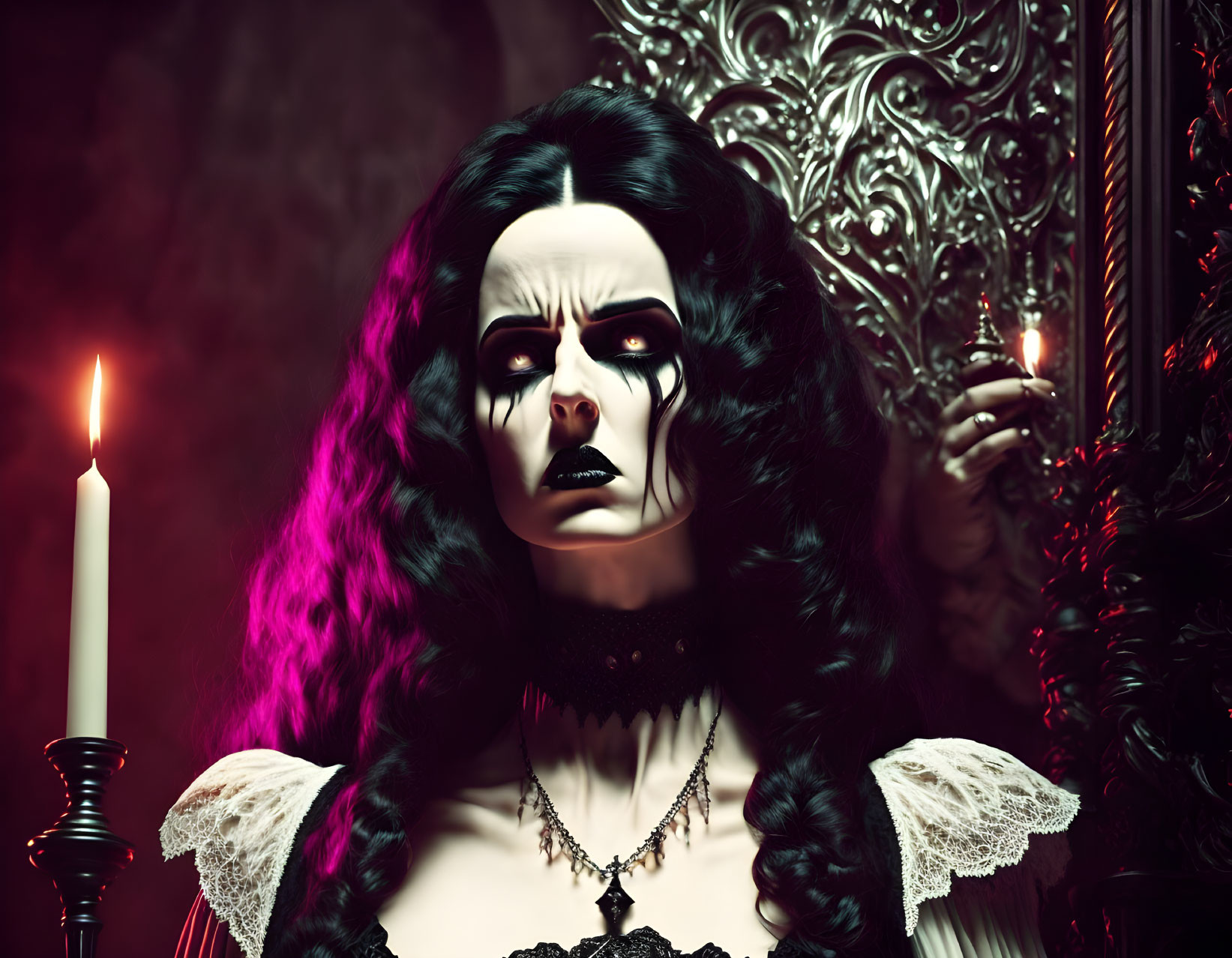 Gothic woman with candle in dark, ornate room