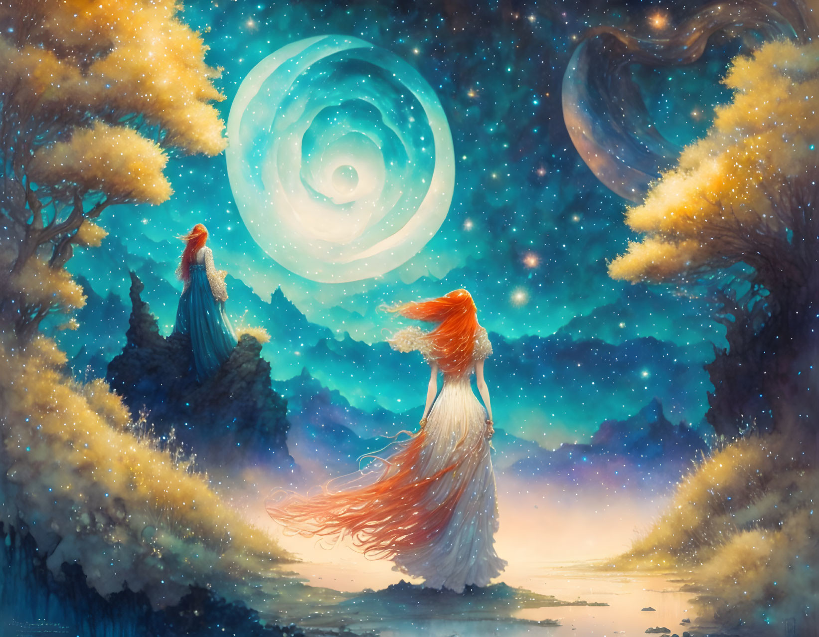 Fantasy Artwork: Two Figures with Red Hair in Cosmic Setting