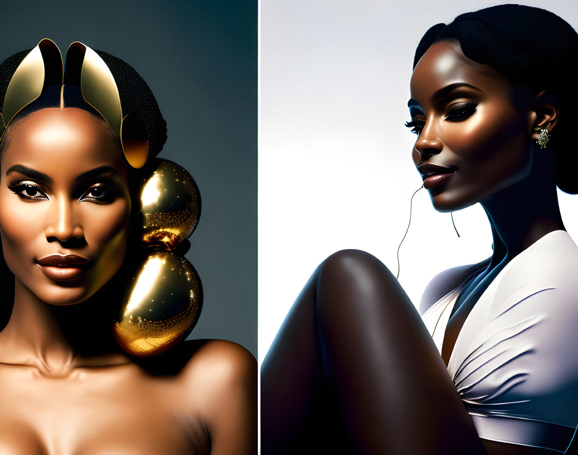 Portrait of woman with striking makeup and golden accessories in dual angles