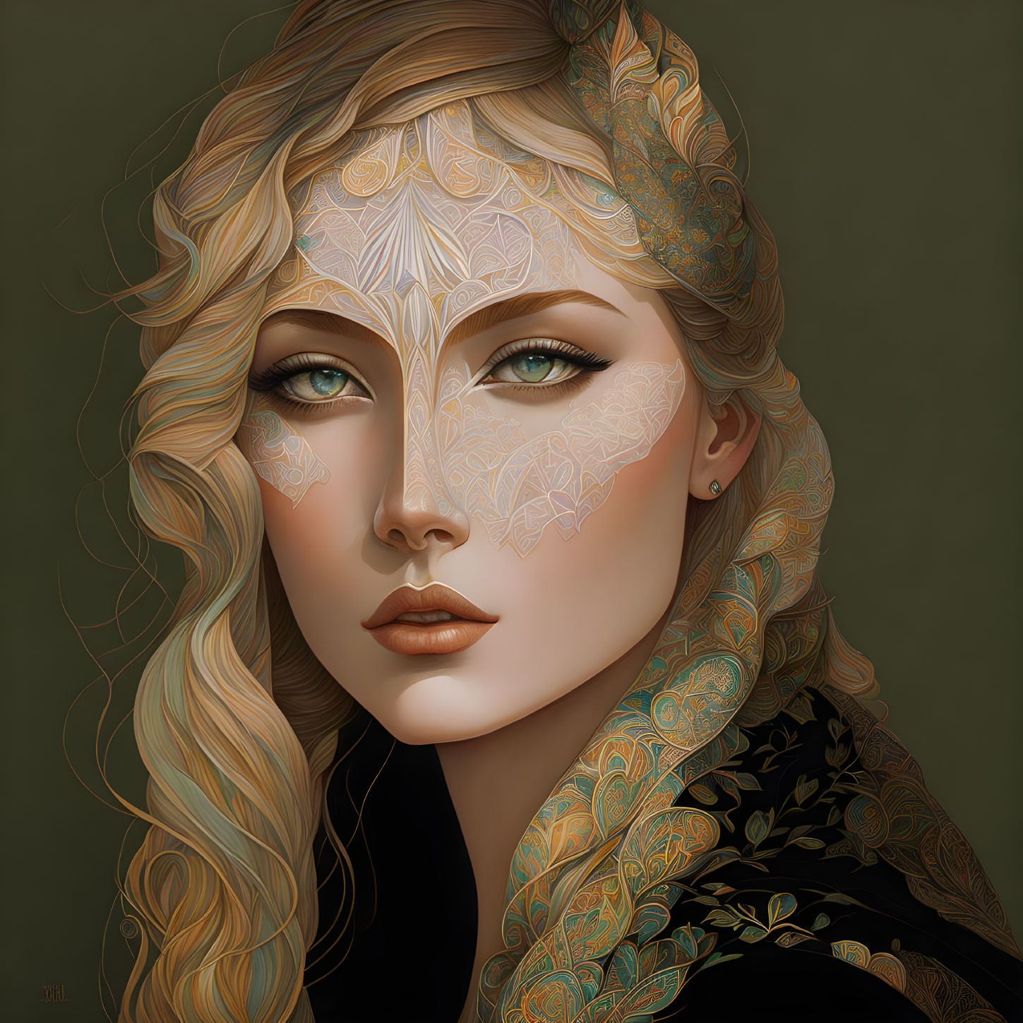 Woman with gold patterns, blonde hair, and green eyes illustration