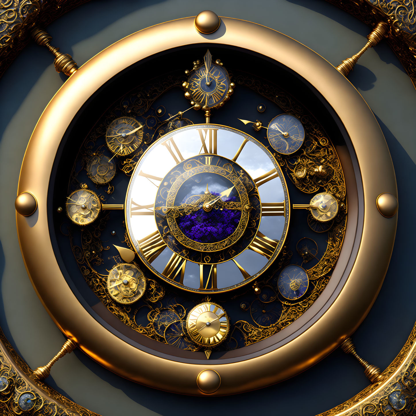 Golden clock with Roman numerals and blue jewel center