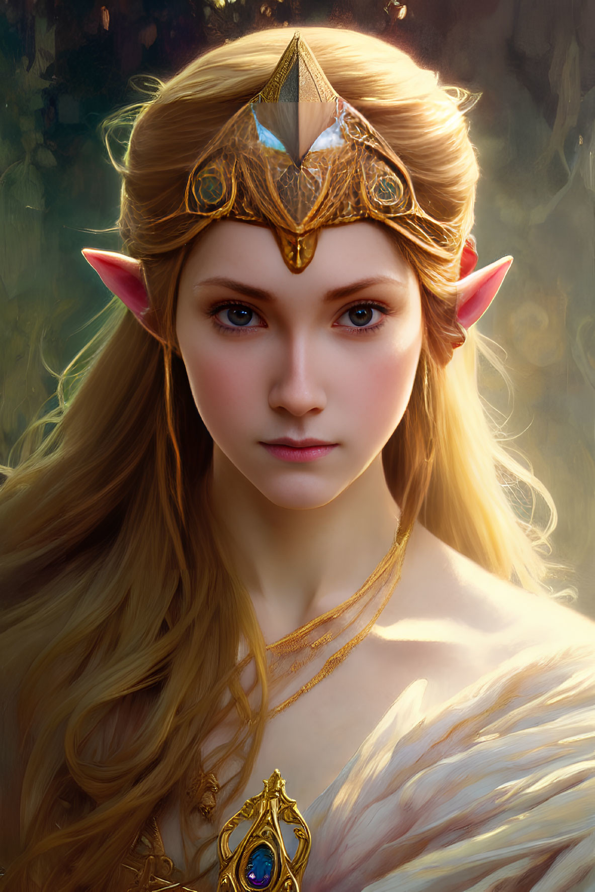 Fantasy portrait of a blonde elf woman with pointed ears and golden crown