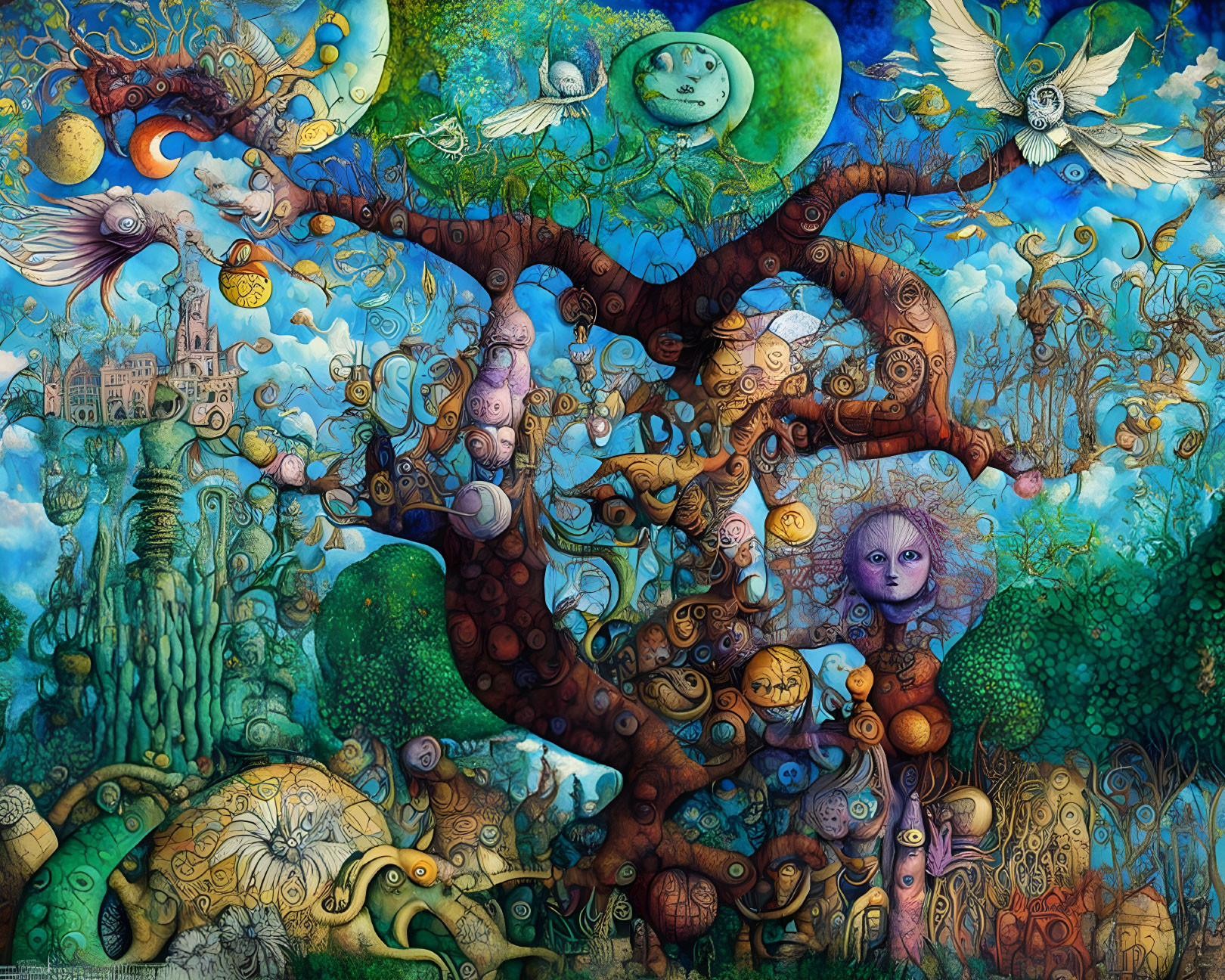 Colorful Artwork: Tree with Faces, Fantastical Creatures, Orbs, and Dove