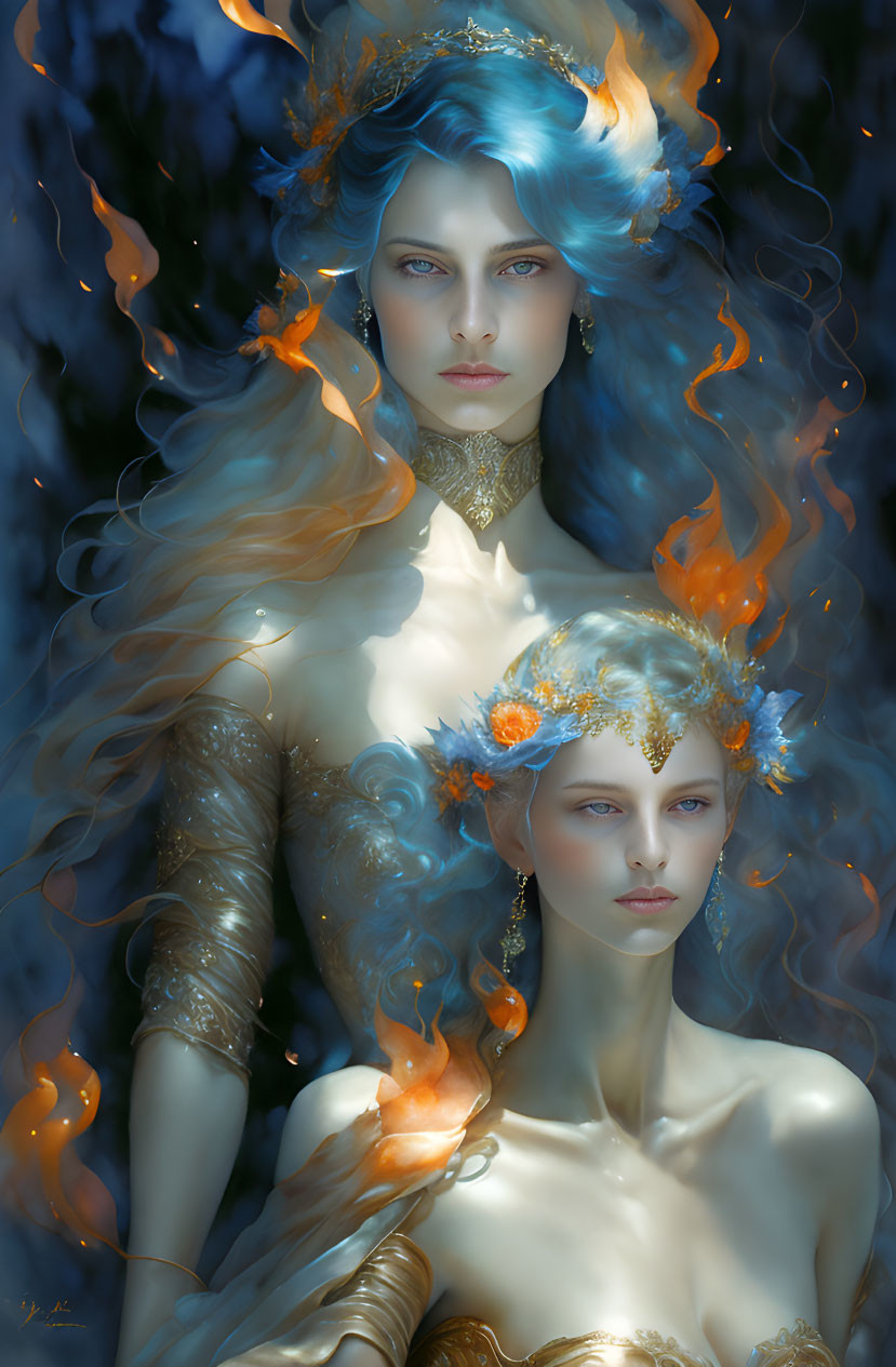 Ethereal women with golden headdresses and blue hair in mystical setting