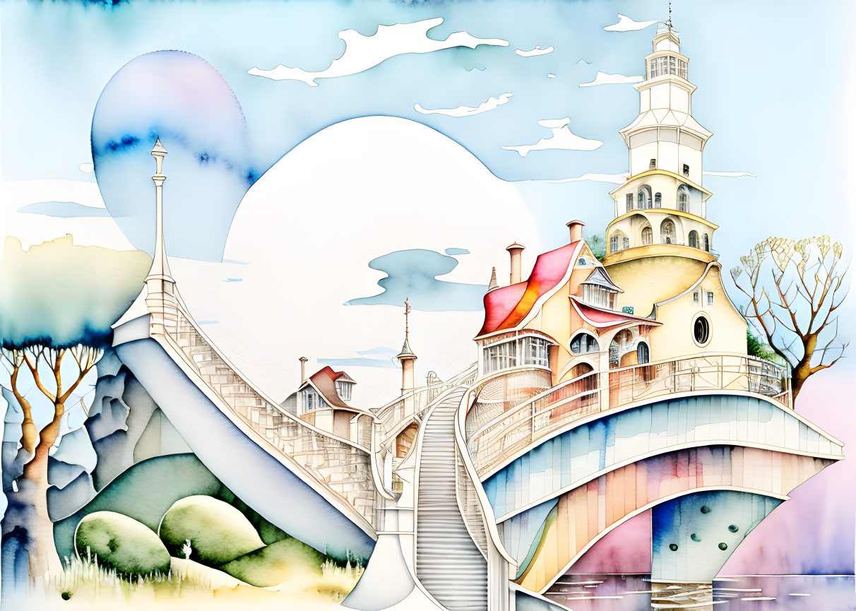 Fantasy landscape watercolor illustration with castle, bridges, and colorful elements