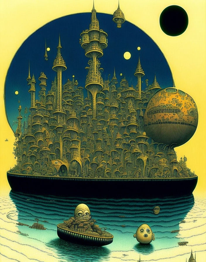 Detailed illustration of celestial landmass with towering structures and mystical creature in a craft.