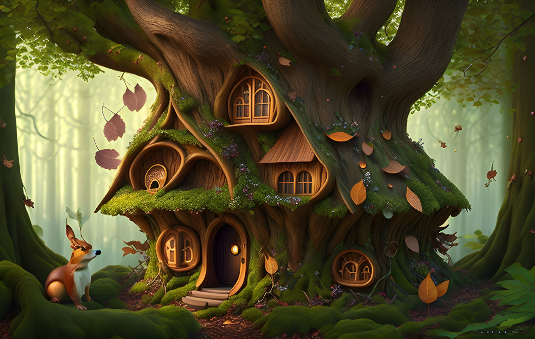 Elaborate Tree House in Enchanted Forest with Fox