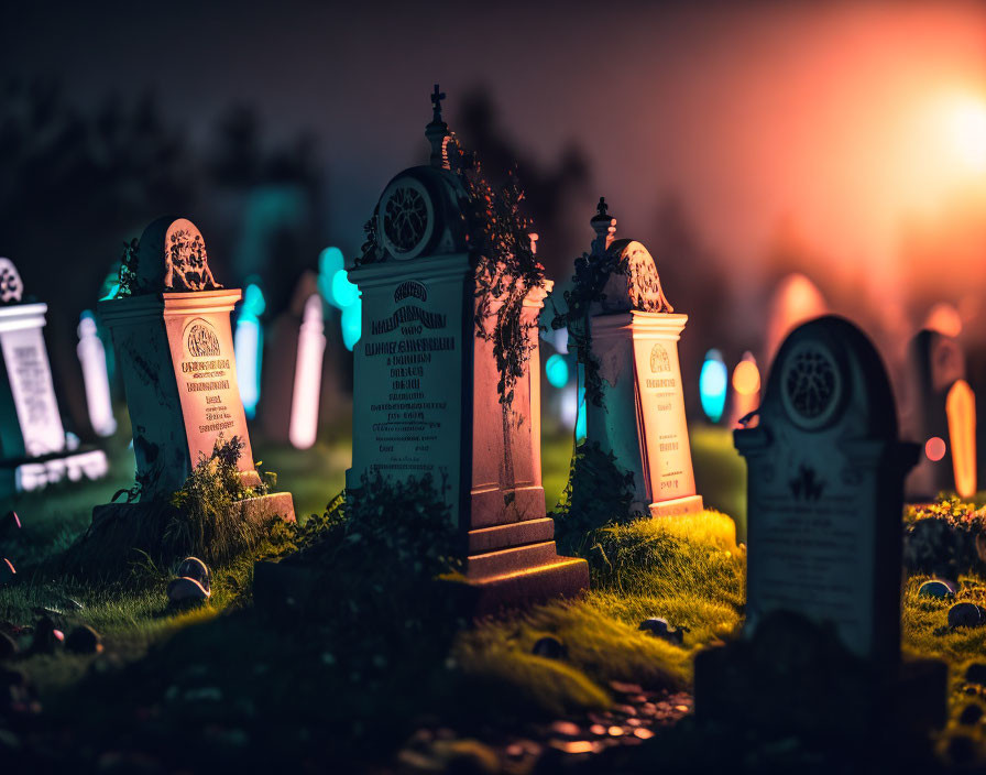 Cemetery at Night with Illuminated Headstones