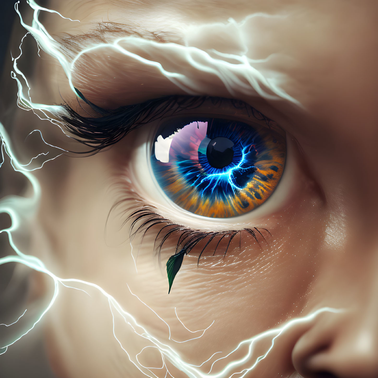 Detailed close-up of human eye with blue and brown iris, lightning, and leaf.