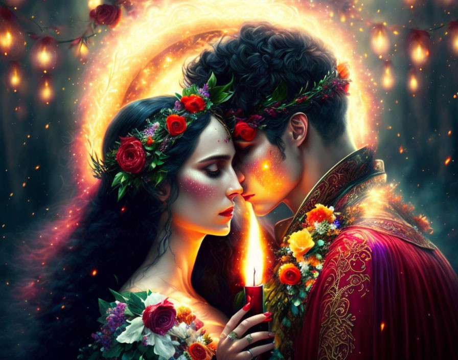 Romantic couple with floral crowns in mystical setting