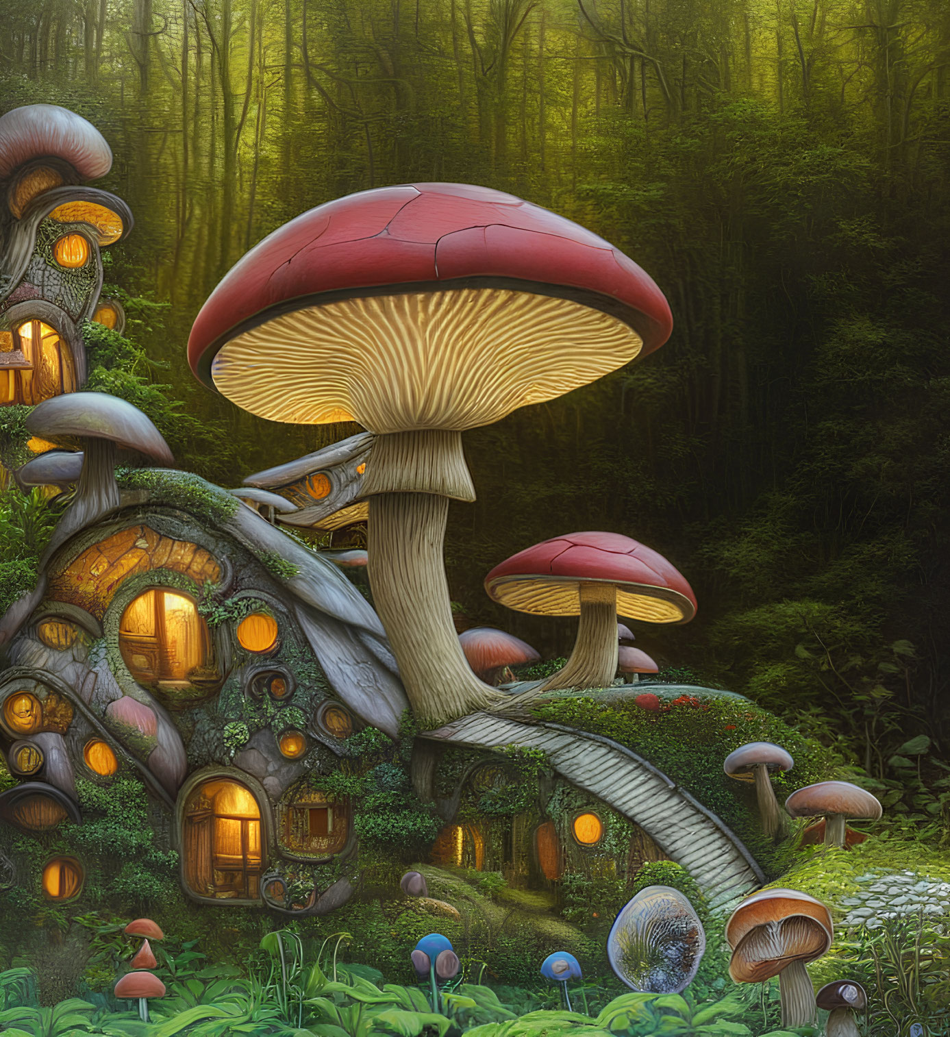 Enchanting forest scene with house in oversized mushrooms amid misty woodland