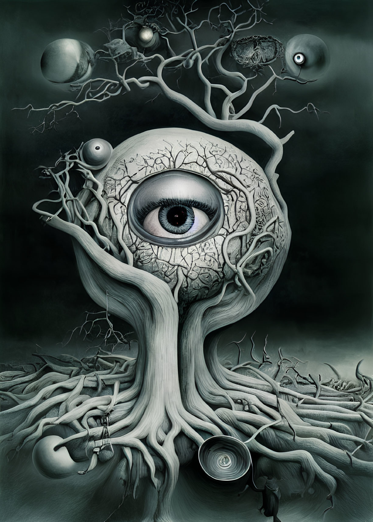 Surreal artwork of tree with vein-like branches and central eye