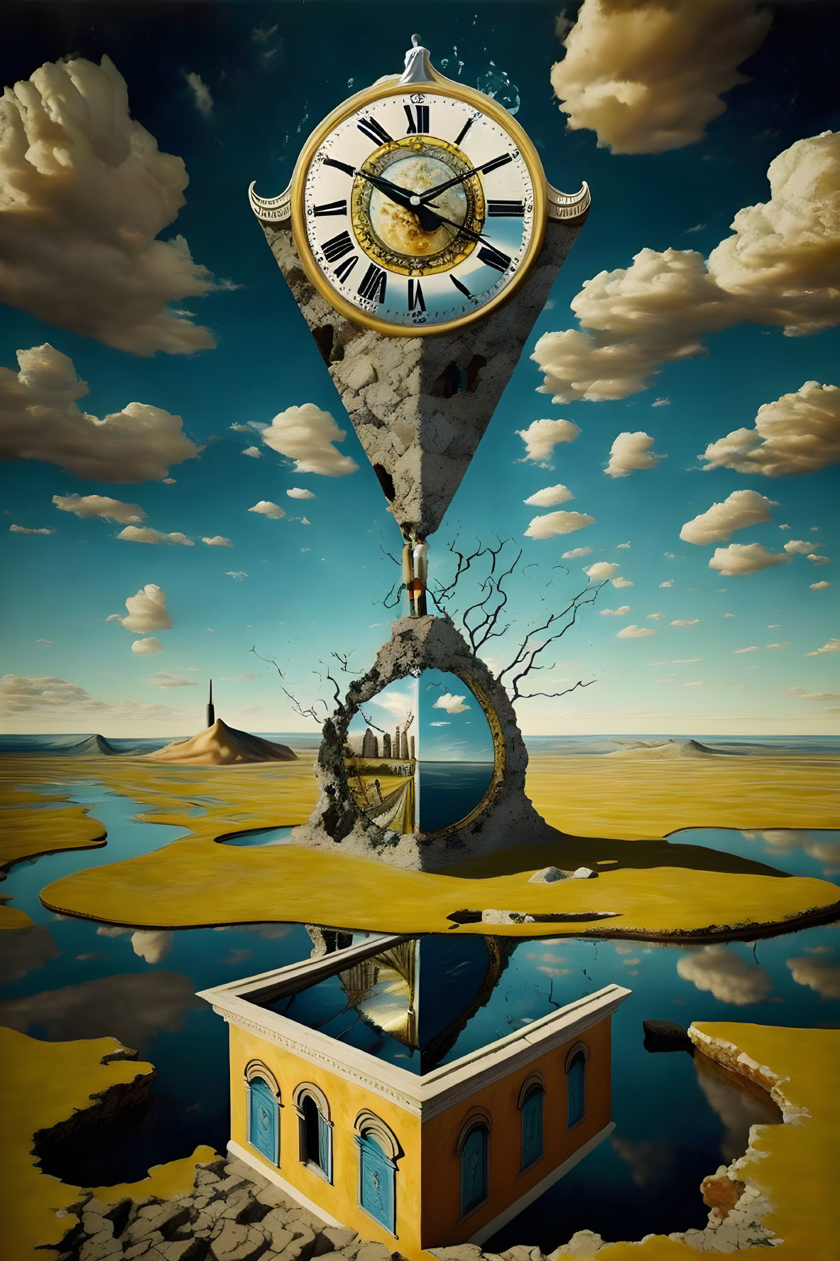 Surreal melting clock on inverted tree in desert landscape