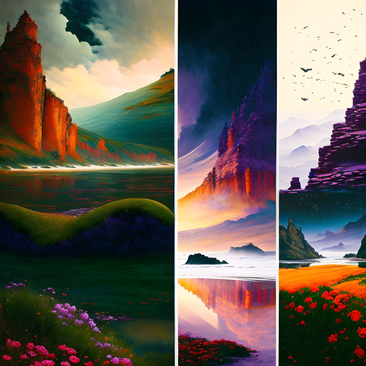 Vibrant landscape artworks of cliffs, starry sky, beaches, and lush fields