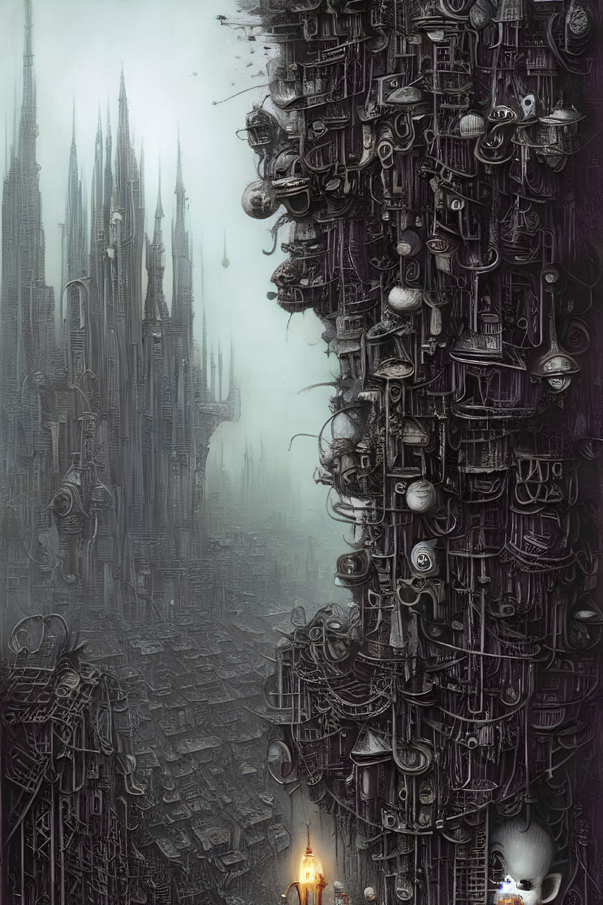 Dystopian cityscape with Gothic structures and industrial piping