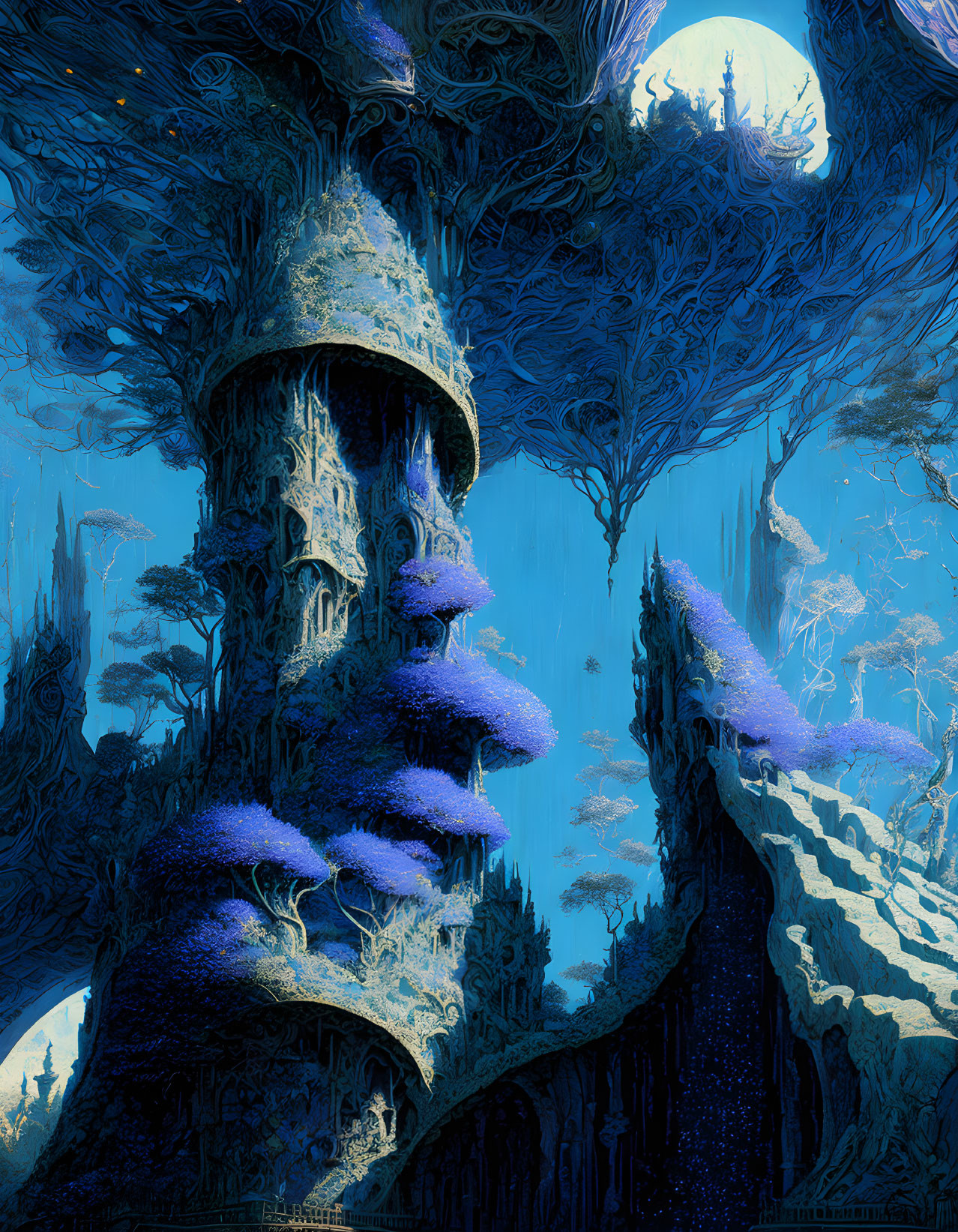 Enchanted blue forest with towering trees and moonlit treehouse