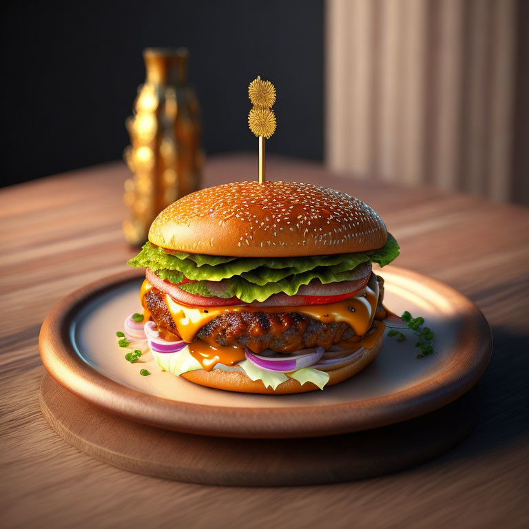 Succulent cheeseburger with lettuce and tomato on wooden tray