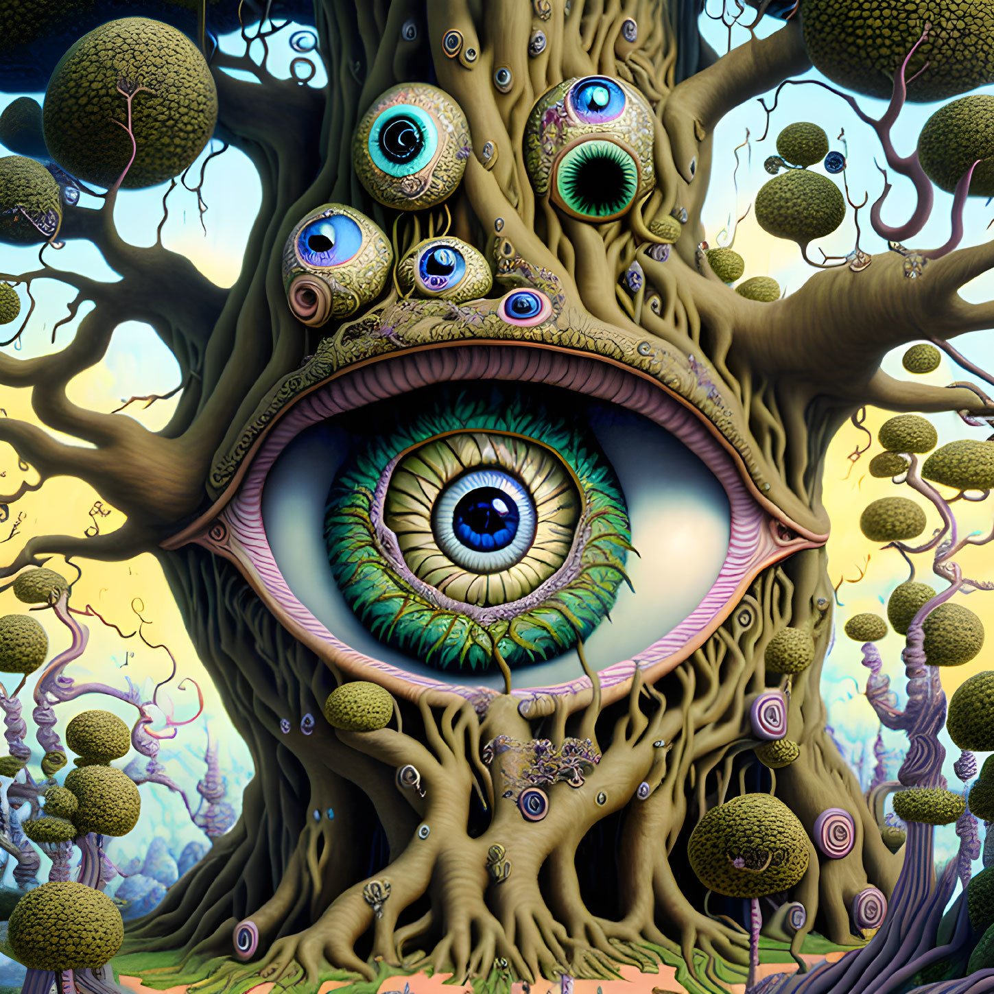 Surreal Artwork: Tree with Multiple Eyes & Fantastical Landscapes