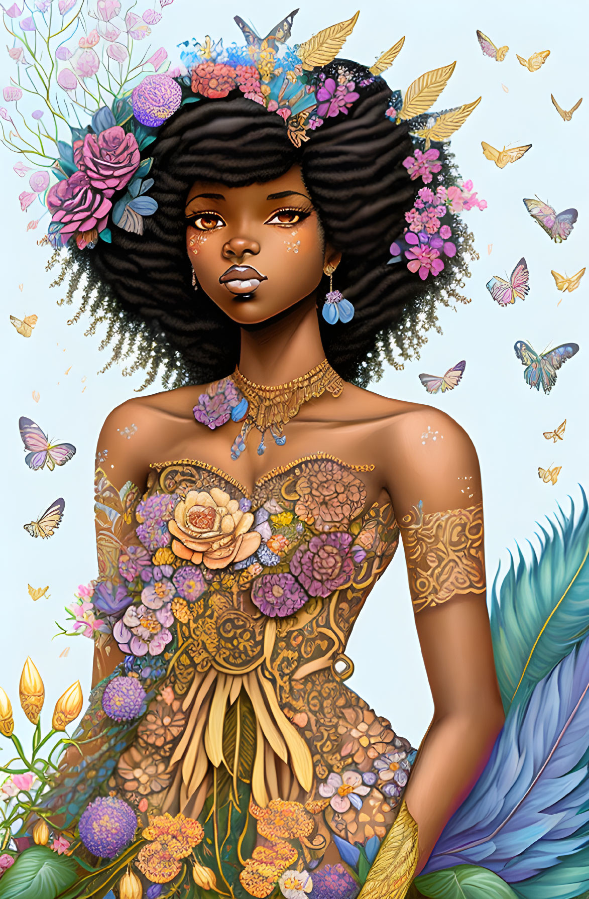 Illustrated woman with floral, butterfly motifs, gold jewelry, and colorful feather detail