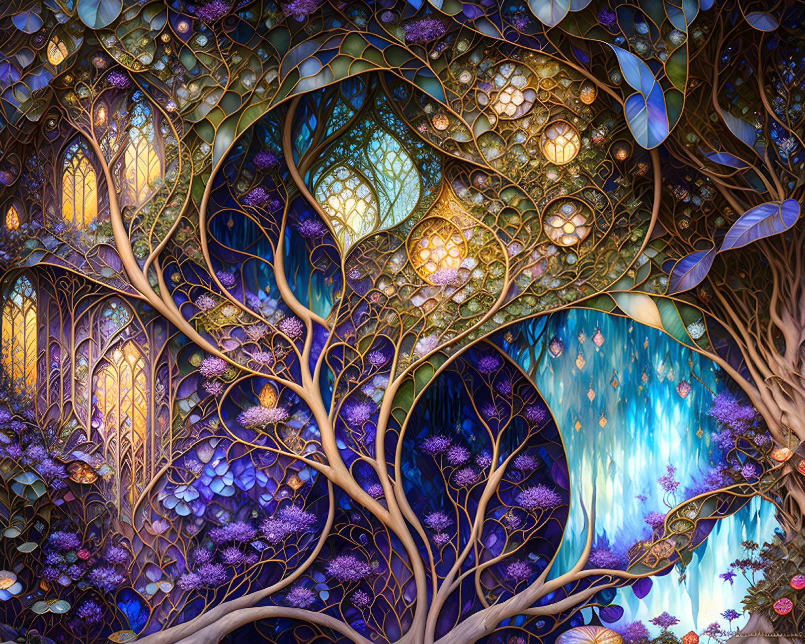 Illustration of Enchanting Forest with Intertwined Trees and Glowing Lanterns