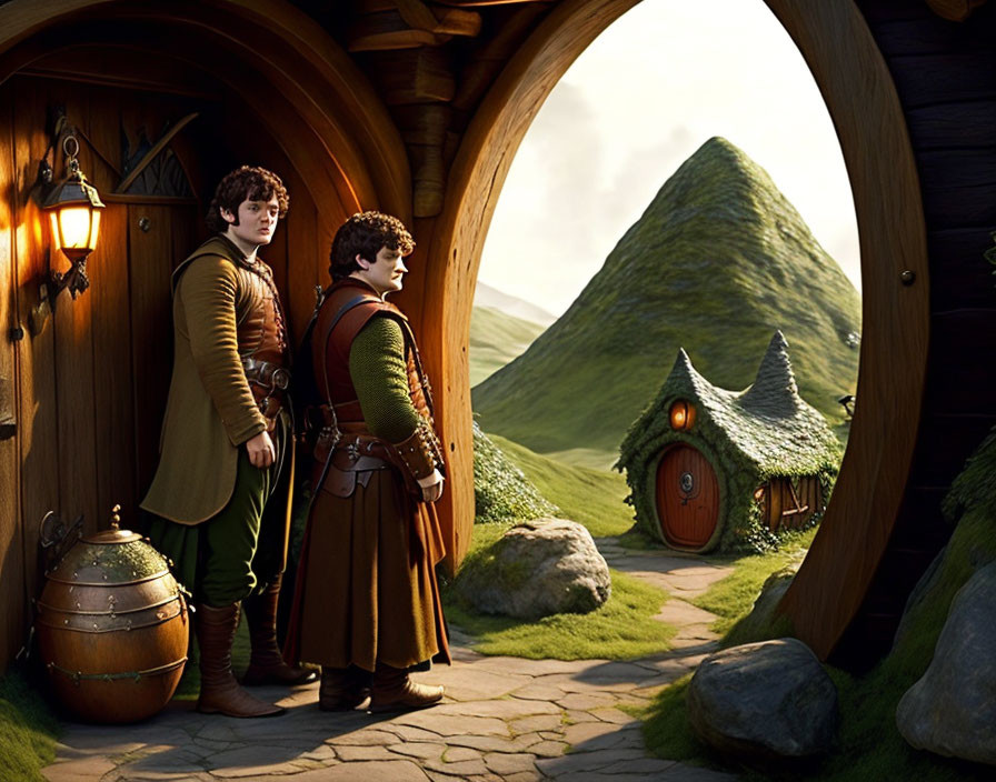 Hobbit-like characters at round door in green landscape