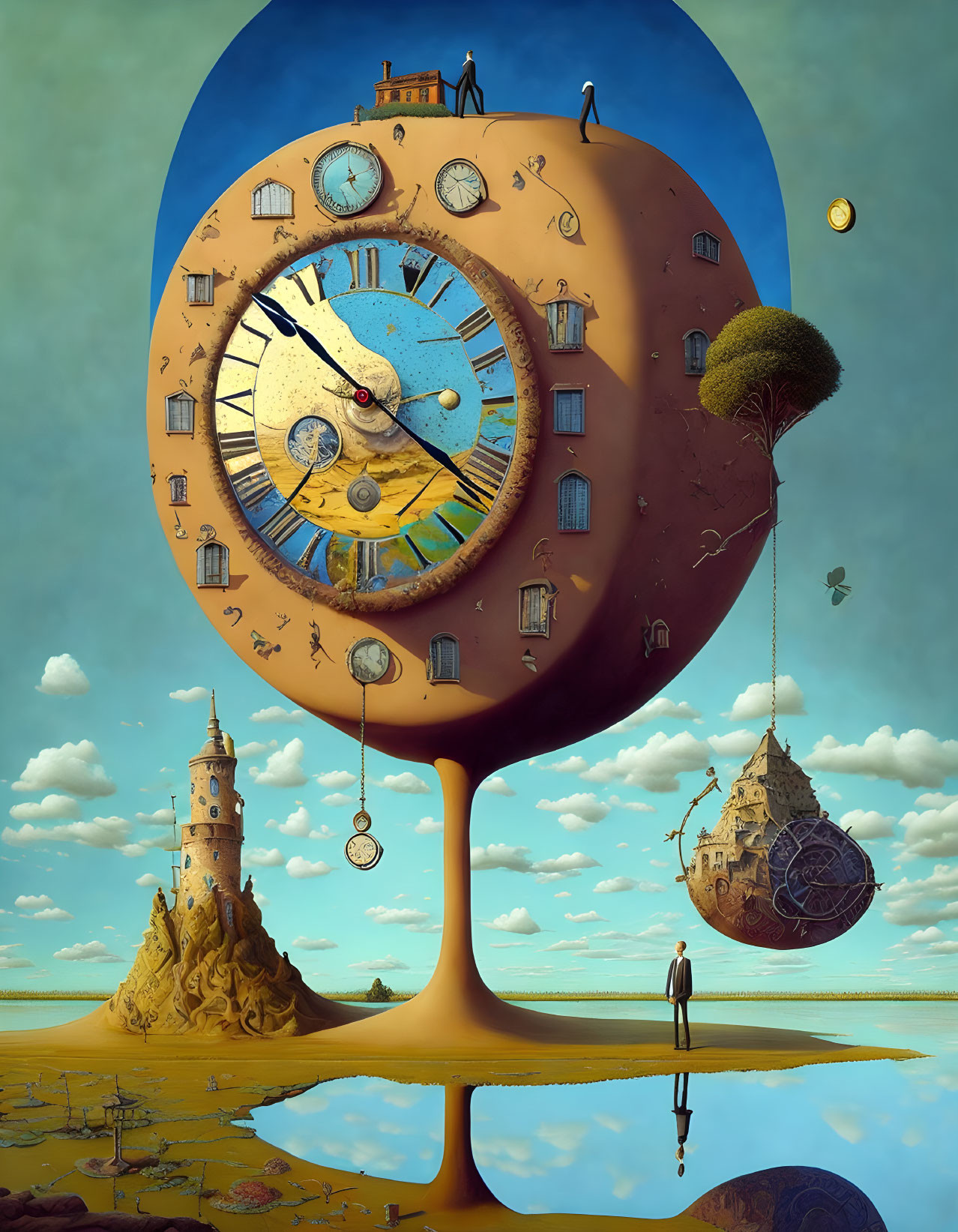 Surreal artwork: melting clock landscape with people, tree, orbs, reflective water