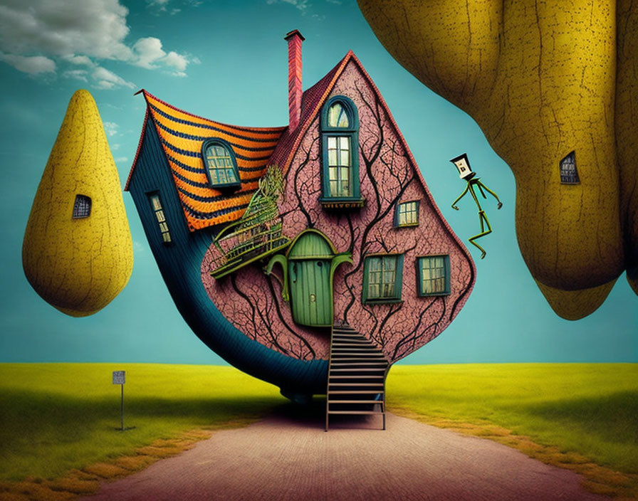 Whimsical illustration featuring leaf-shaped house, oversized pears, floating character, and surreal sky