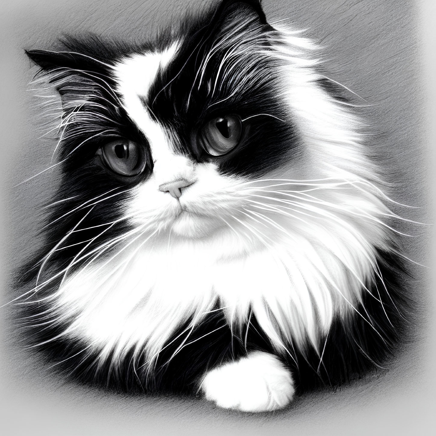 Monochrome digital drawing of fluffy Persian cat with black and white fur