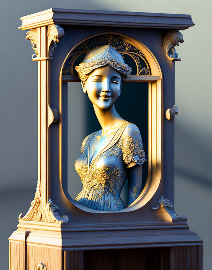 Stylized woman in blue tones framed in ornate wood and gold