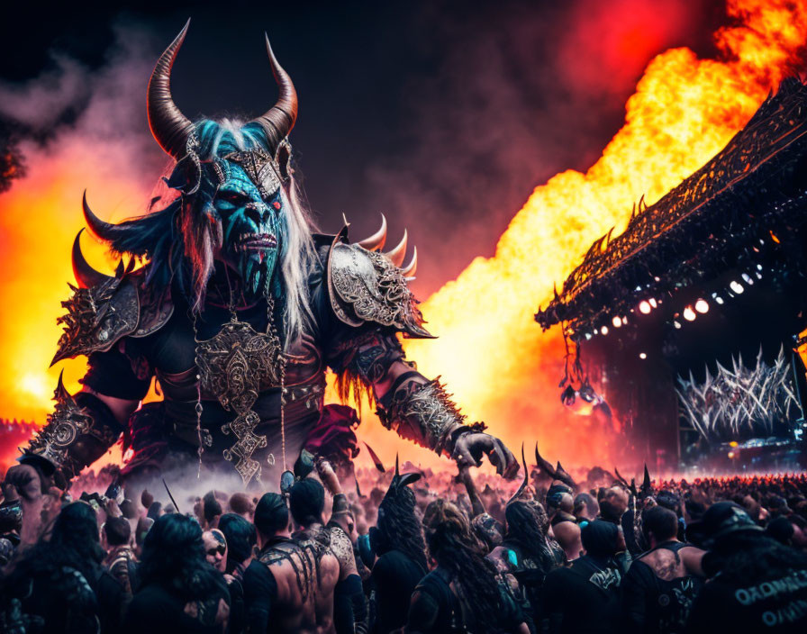 Person in demon costume with horns at metal concert with crowds and flames.