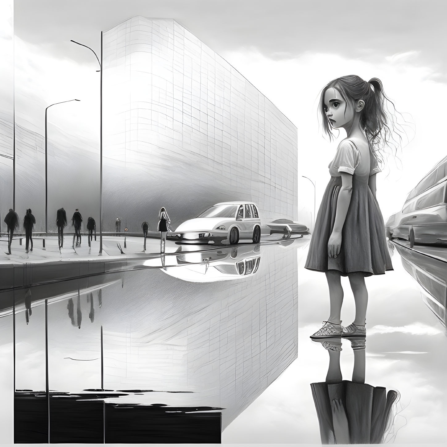 Monochrome artwork of girl on stump in cityscape