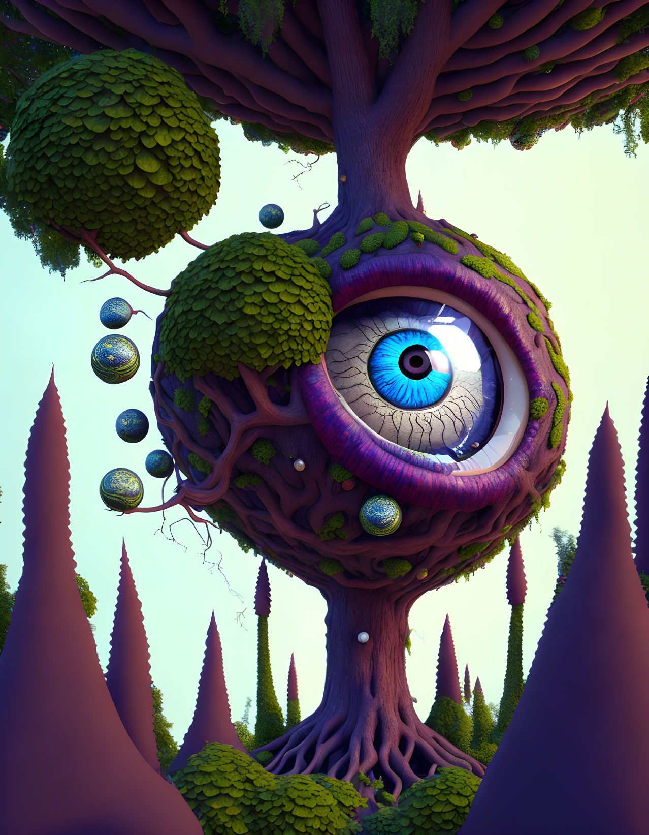 Surreal landscape with giant eye tree and floating orbs under clear sky