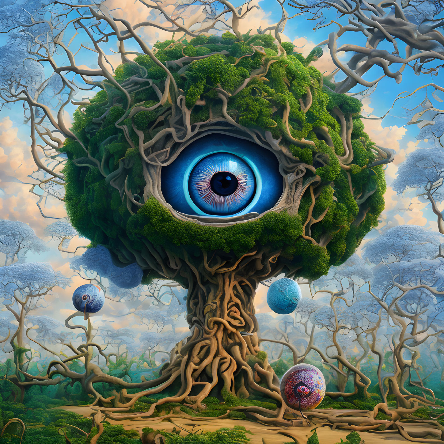 Surreal artwork featuring tree with human-like eye, forest, and floating orbs