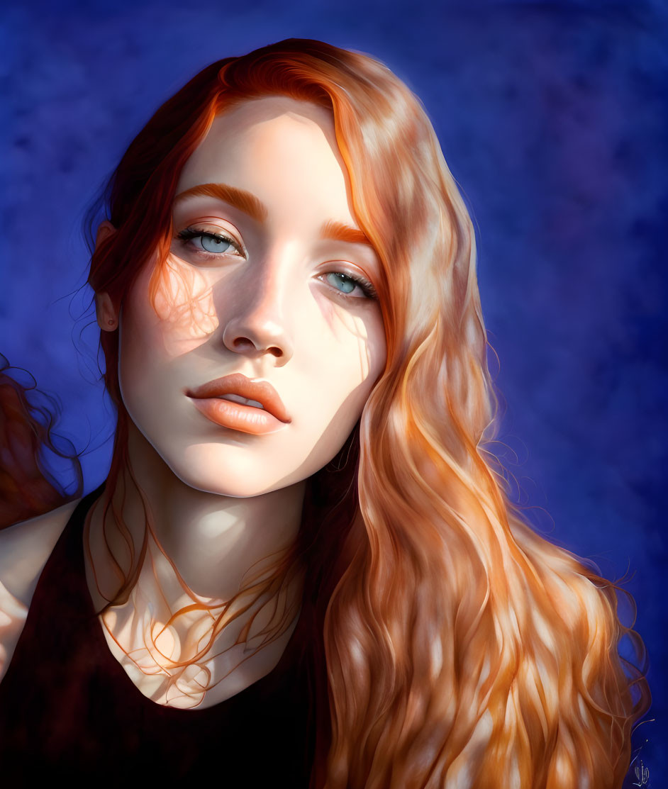 Red-haired woman portrait with blue eyes on blue background