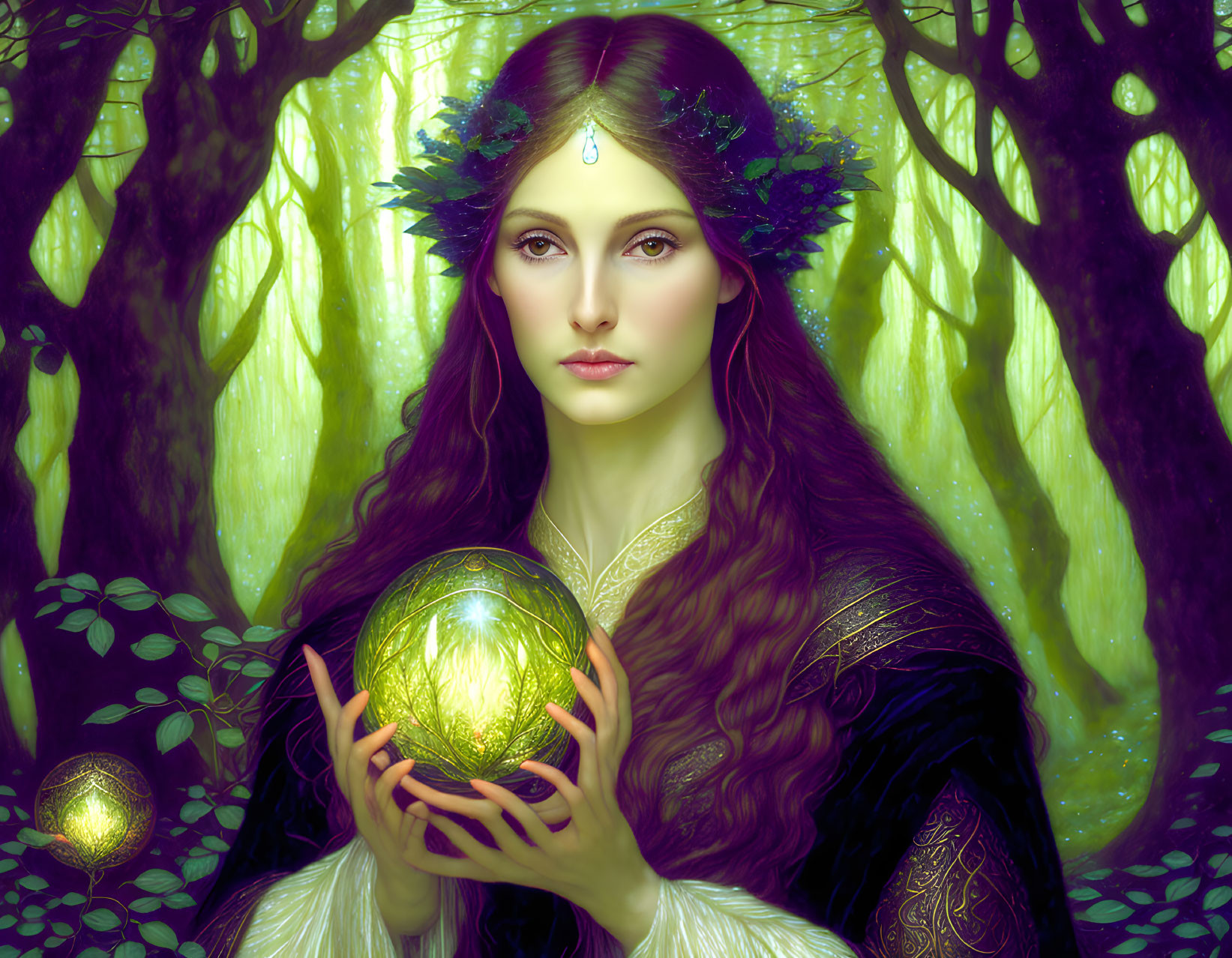 Mystical woman with jeweled headpiece holding glowing orb in enchanted forest