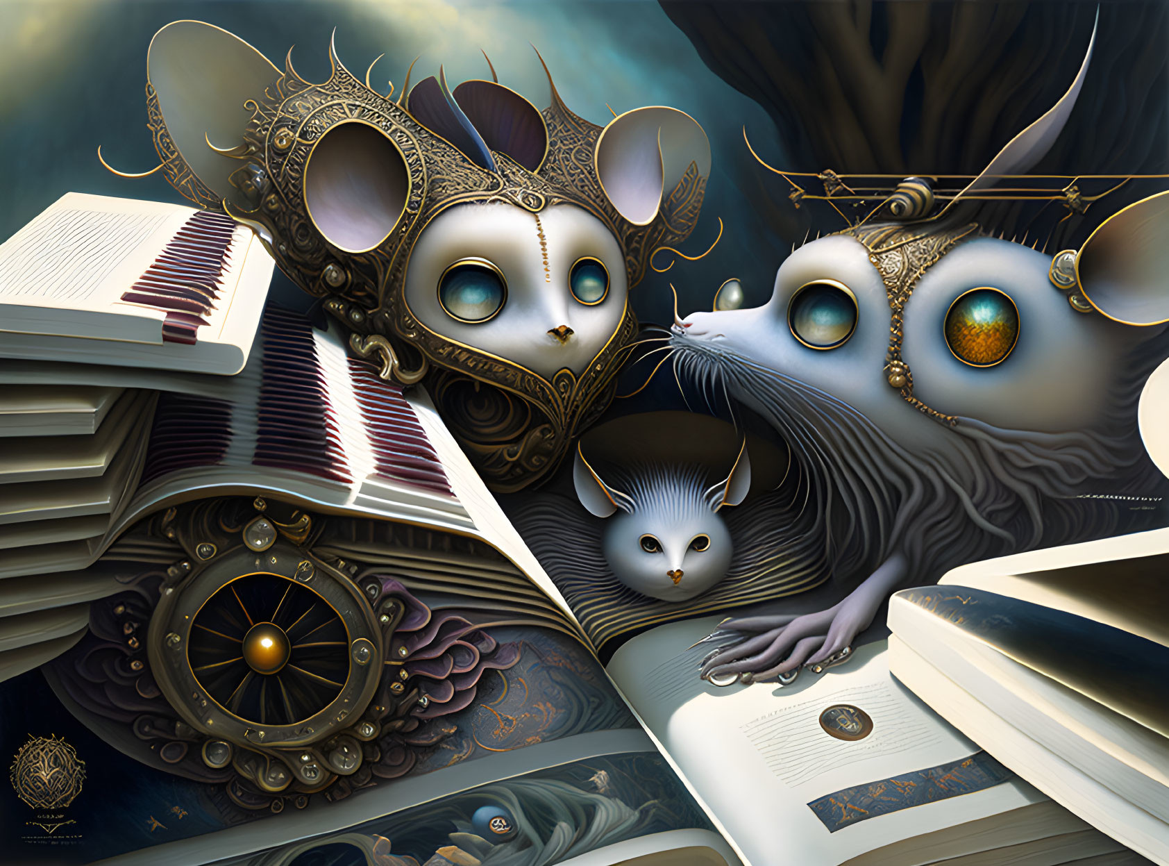 Three anthropomorphic mice in steampunk attire surrounded by books and fantastical elements.