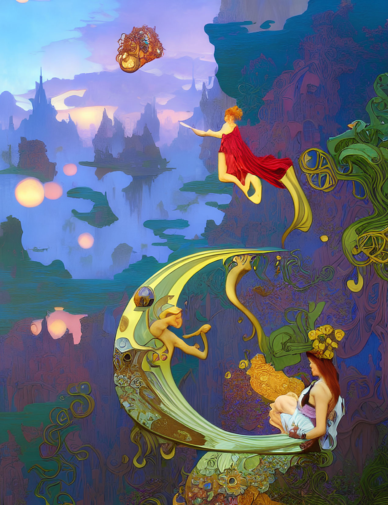 Whimsical beings in fantastical painting with levitating woman and moon-riding child