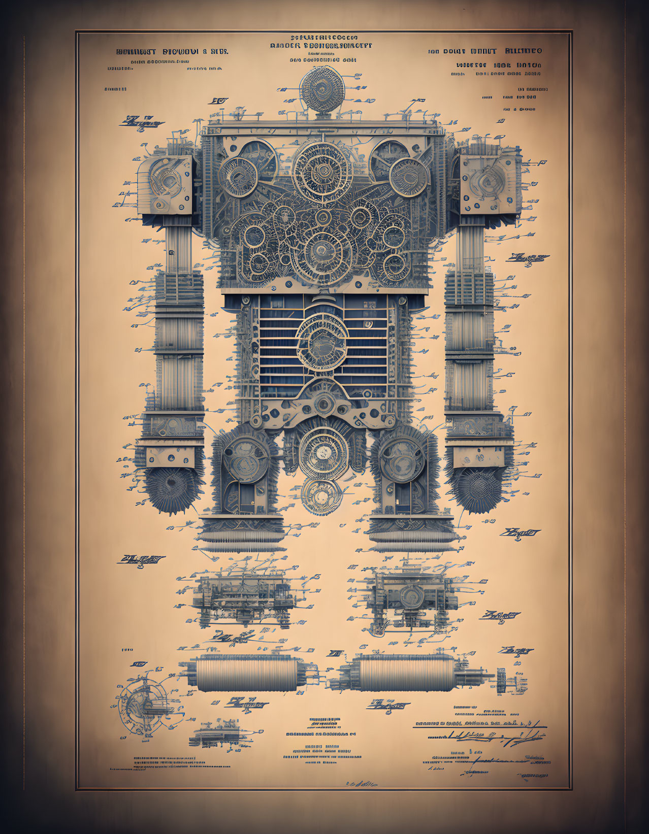 Detailed Vintage-Style Engineering Blueprint of Complex Mechanical Design