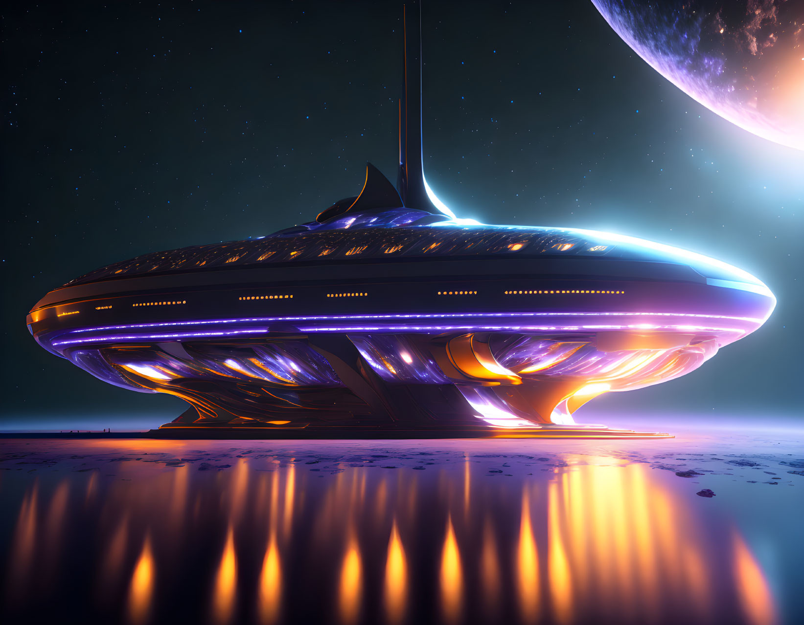 Futuristic spaceship with glowing lights on reflective surface under starry sky