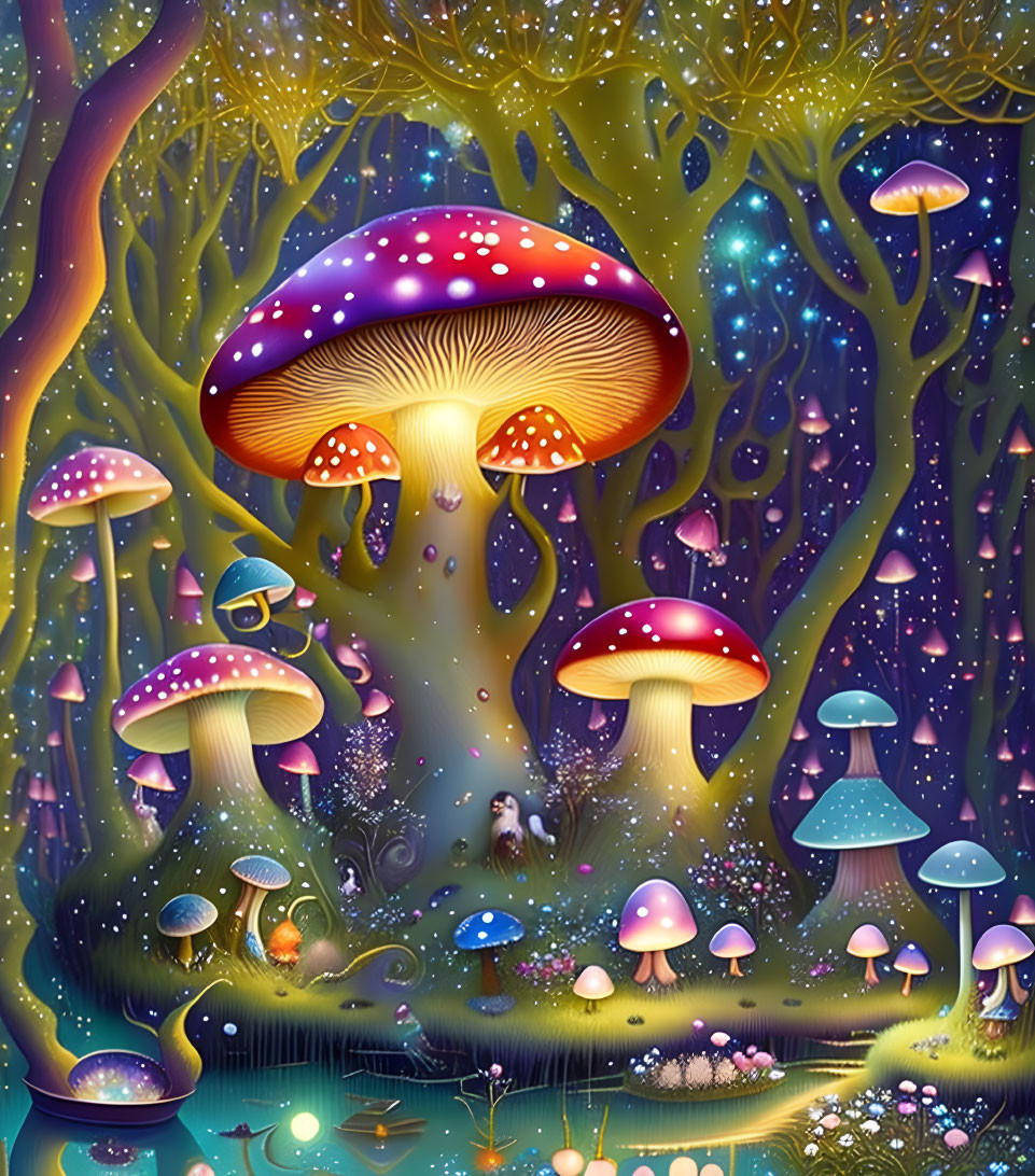 Colorful Mushroom Forest with Fireflies and Pond Under Starry Sky