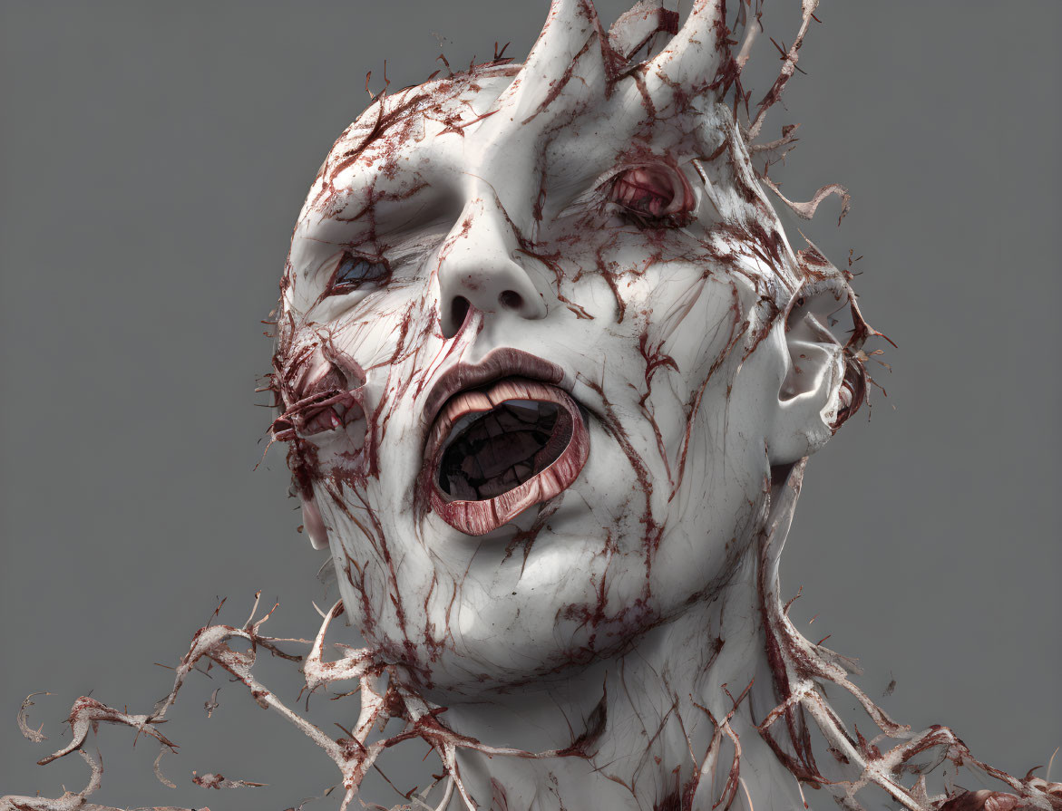 Pale humanoid face entwined with thorny vines in 3D artwork