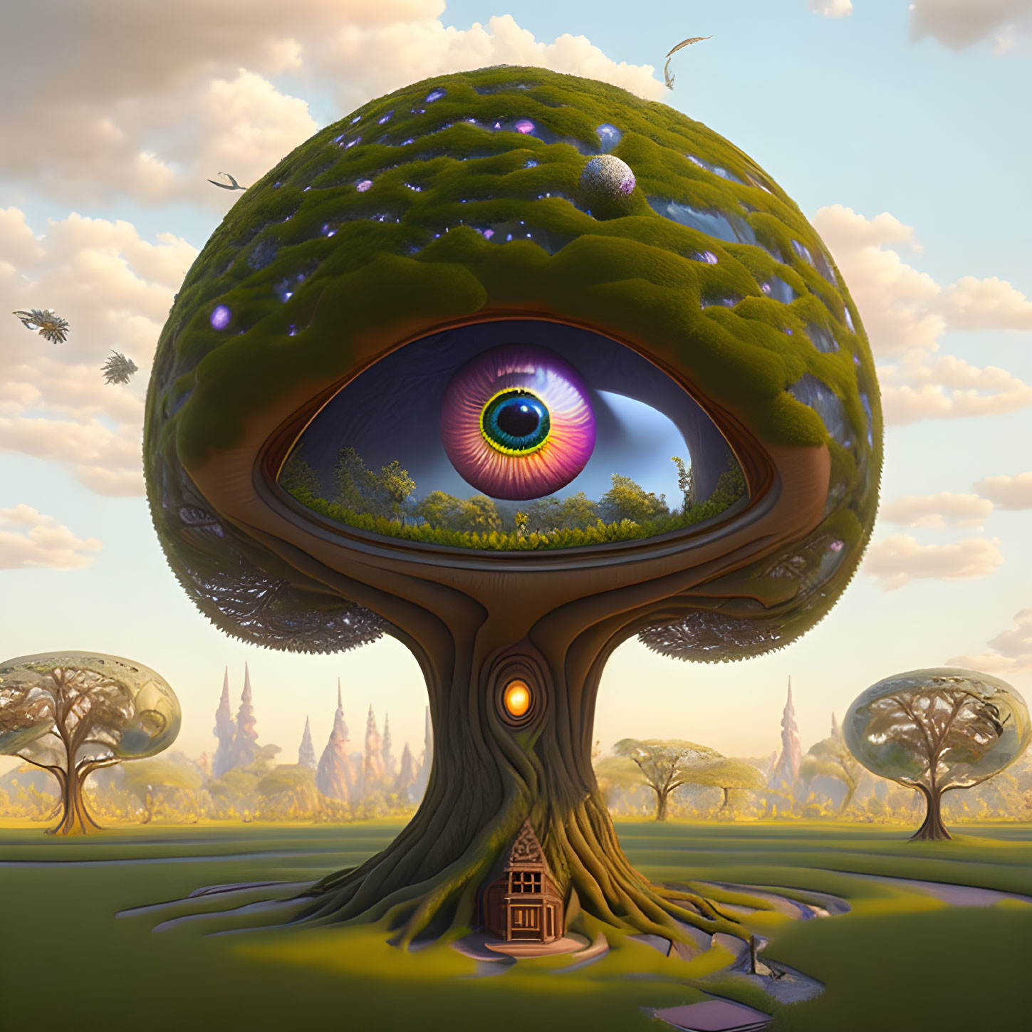 Surreal tree illustration with eye, door, castles in whimsical landscape