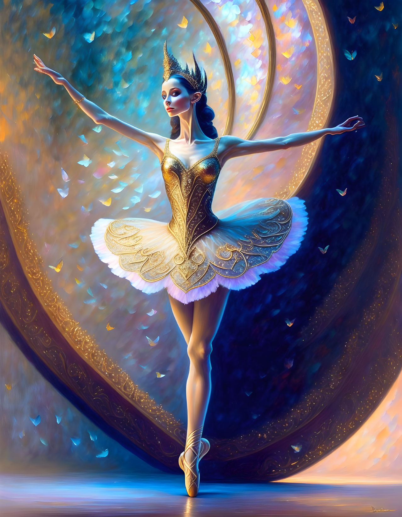 Graceful Ballerina in Ornate Costume with Magical Backdrop and Butterflies