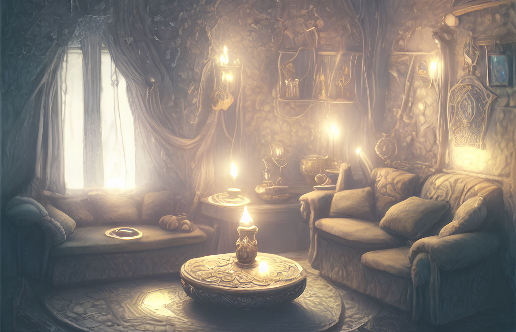 Enchanting cozy room with soft sofas, candles, ornaments, and warm ambiance